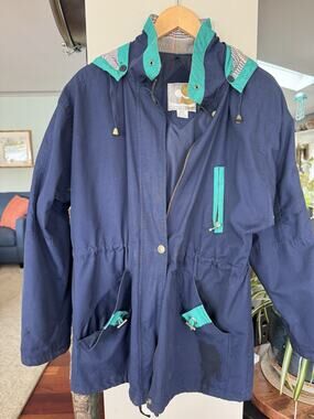 Vtg 90's Current Seen Womens windbreaker Med Navy contrast plaid hood Bold retro